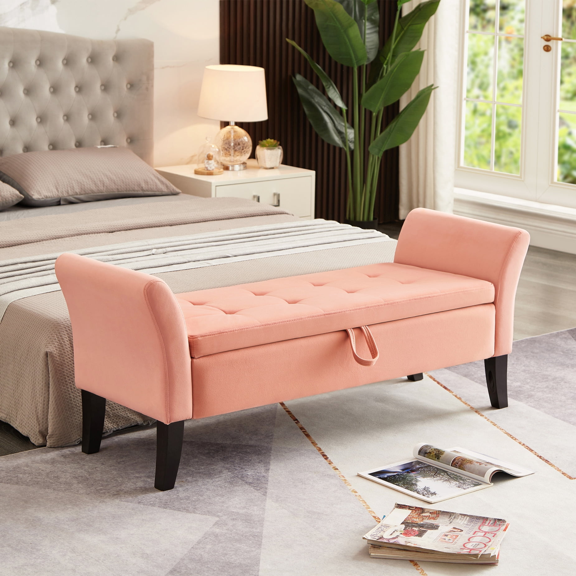 Free Shipping Alden Design Modern Fabric Tufted Storage Bench with Rolled Arms for Home Black Walmart