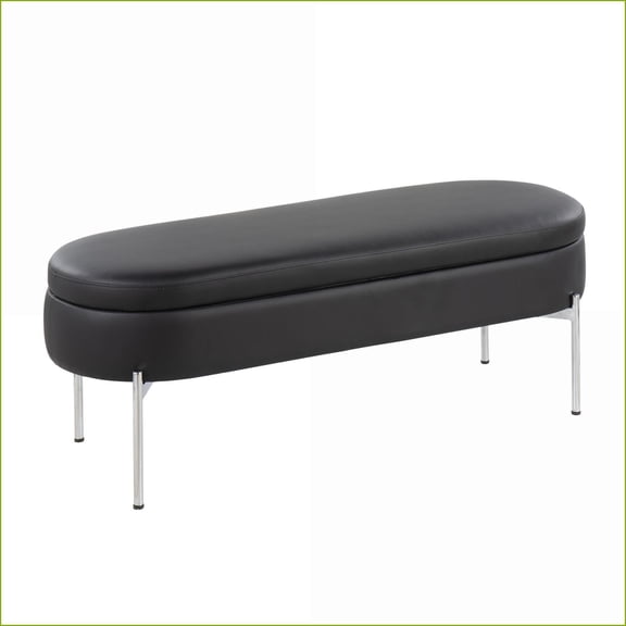 Storage Bench | Glam Contemporary | Black Faux Leather | Chrome Silver Base | Flip-Top | Entryway/Bedroom | Black | Faux Leather