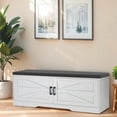 thumbnail image 1 of Storage Bench In White With Padded Seat Cushion, 2 Barn Doors & Adjustable Shelves For Entryway And Living Room, 1 of 9