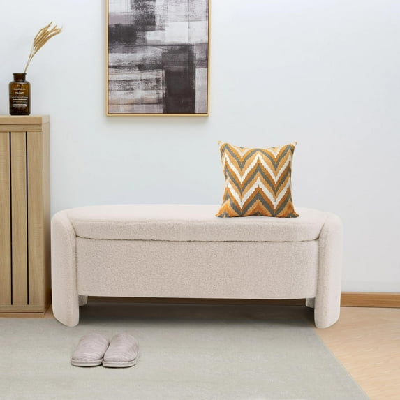 Storage Bench with Lamb Fleece Fabric, Upholstered Ottoman with Spacious Hidden Storage for Bedroom, Living Room, Entryway, No Assembly Required, Beige