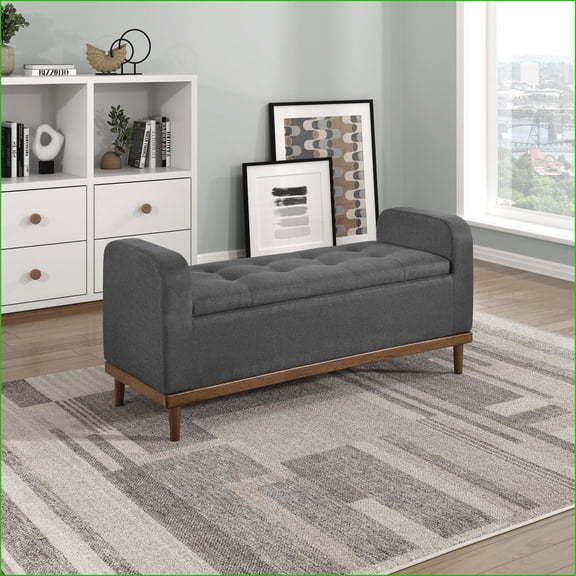 Storage Bench | Mid-Century Modern Lift-Top | Dark Gray Textured | Walnut Brown Solid Wood | Living Room | Dark Gray | 100% Polyester