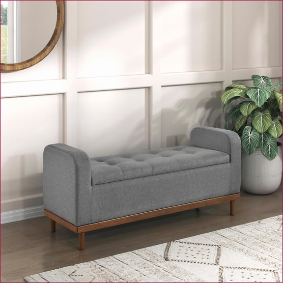 Storage Bench Mid-Century Modern Tufted Lift-Top Slate Gray Polyester Walnut Brown Solid Wood for Living Room | Gray | Polyester