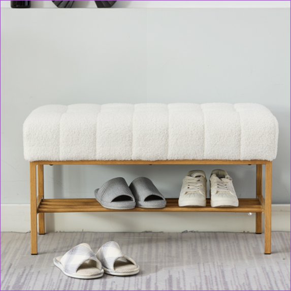 Storage Bench, Modern Teddy Fabric Upholstered with Shelf, Ivory, Metal Legs for Bedroom Entryway Living Room 300 LB | Polyester Blend | Ivory