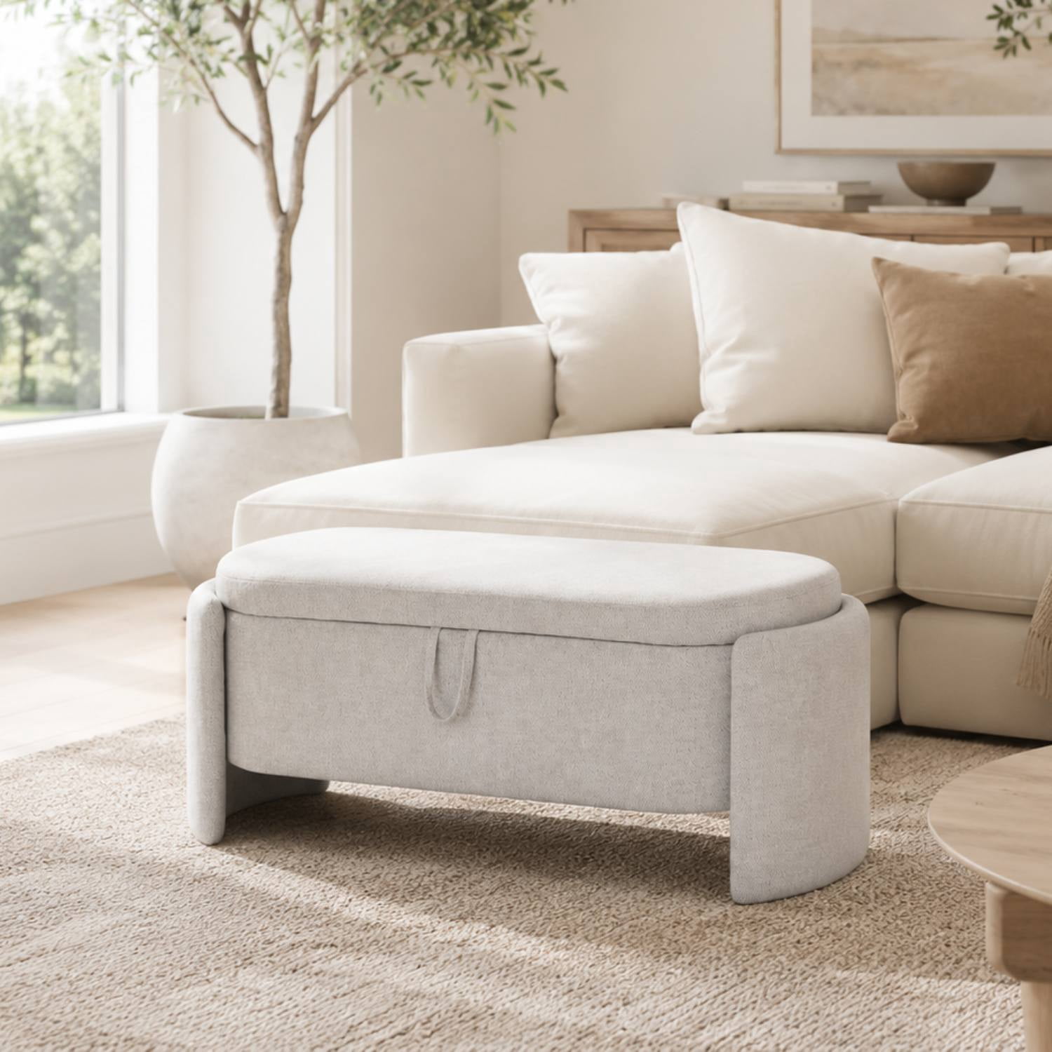 Storage Bench Modern Upholstered Ottoman Bench Window Entryway Bench for Bedroom, Living Room, Light Grey