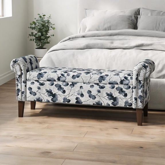 Storage Bench Ottoman, 100 Polyester Traditional Design with Nailhead Trim, 56.5 Inch Seats 2 for Indoor Use
