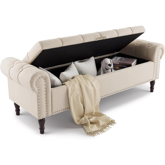 Storage Bench Ottoman, 61" King Linen Rolled Arm Bedroom End of Bed Bench, Window Bench with Button Tufted and Nailhead Trim for Foot of Bed Bench, Bedroom, Entryway, Living Room, Linen Color