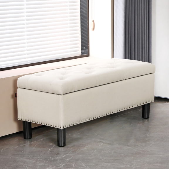 Storage Bench Ottoman with Lift Top, Upholstered Bedroom Bench with Hidden Storage, 42.25" Tufted Entryway Bench, End of Bed Bench, Shoe Bench with Firm Hinges,Beige