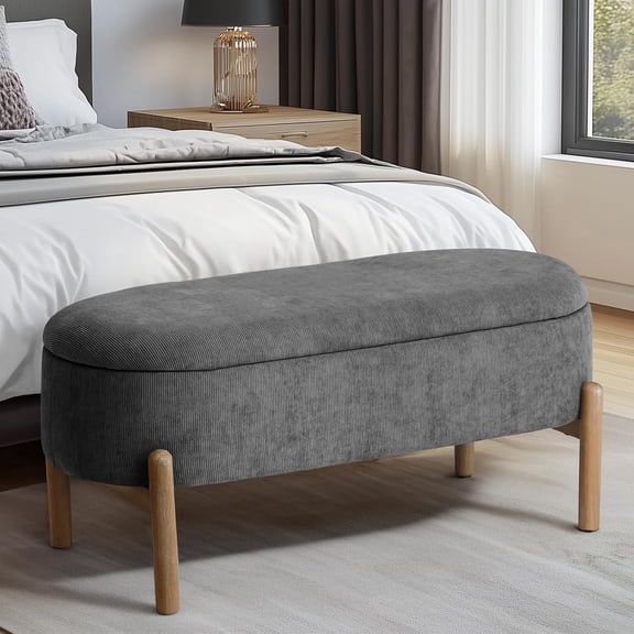 Storage Bench Ottoman, Upholstered Corduroy Storage Bench for Bedroom End of Bed, Modern Aesthetic Furniture, Large Oval Ottoman Bench for Foot of Bed, Living Room, Entryway, Under Window (Grey)