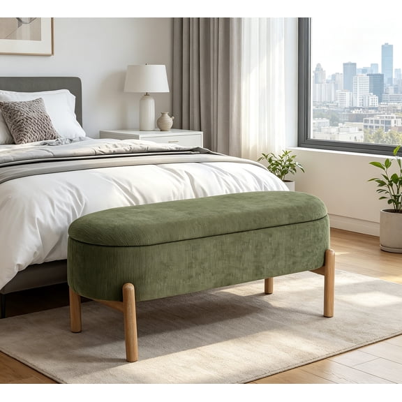 Storage Bench Ottoman, Upholstered Corduroy Storage Bench for Bedroom End of Bed, Modern Aesthetic Furniture, Large Oval Ottoman Bench for Foot of Bed, Living Room, Entryway, Under Window, Green