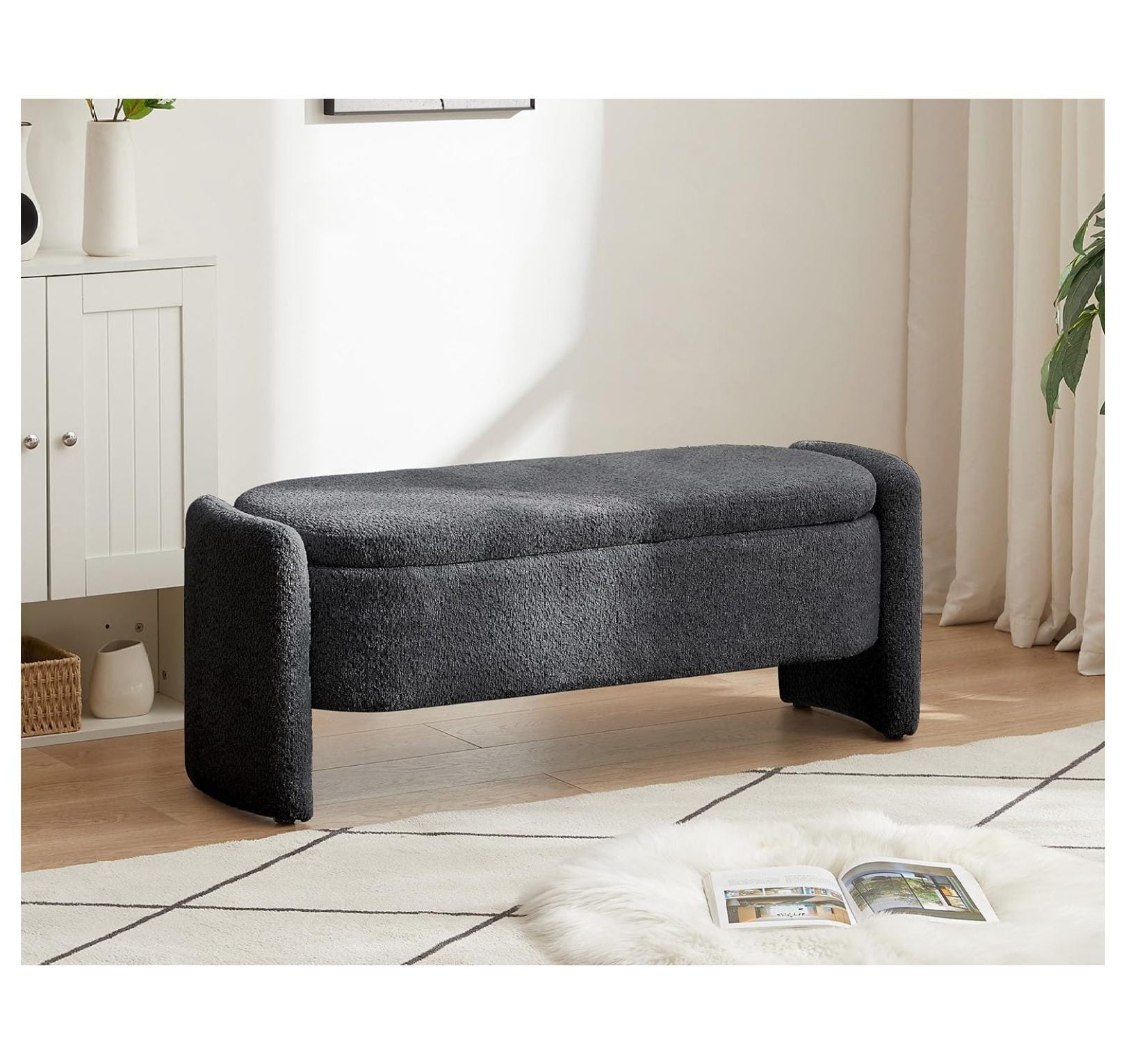 Storage Bench, Ottoman with Large Storage Space Lamb Fleece Fabric