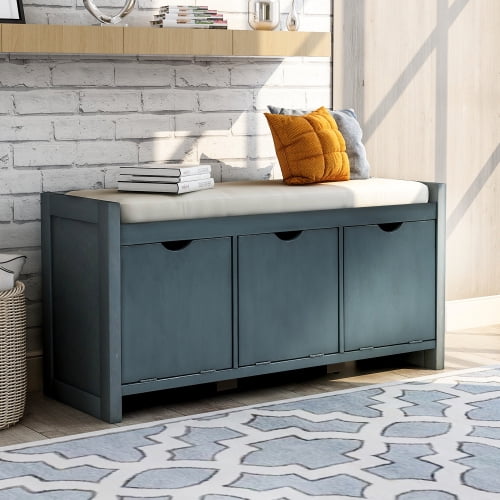 Storage Bench with Removable Cushion and 3 Flip Lock Storage Cubbies Wooden Entryway Shoe Bench Storage Organizer for Living Room Hallway Fully Assembled 19.8 H x 39 L x 14 W Antique