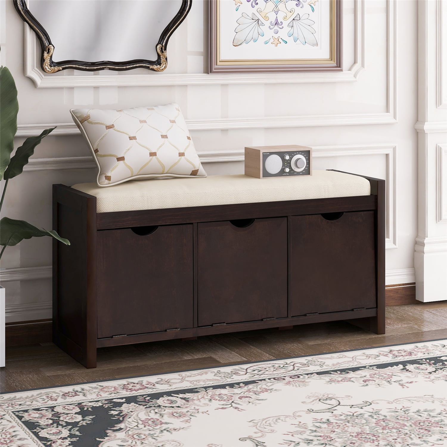 Storage Bench with Removable Cushion, Solid Wooden Entryway Bench