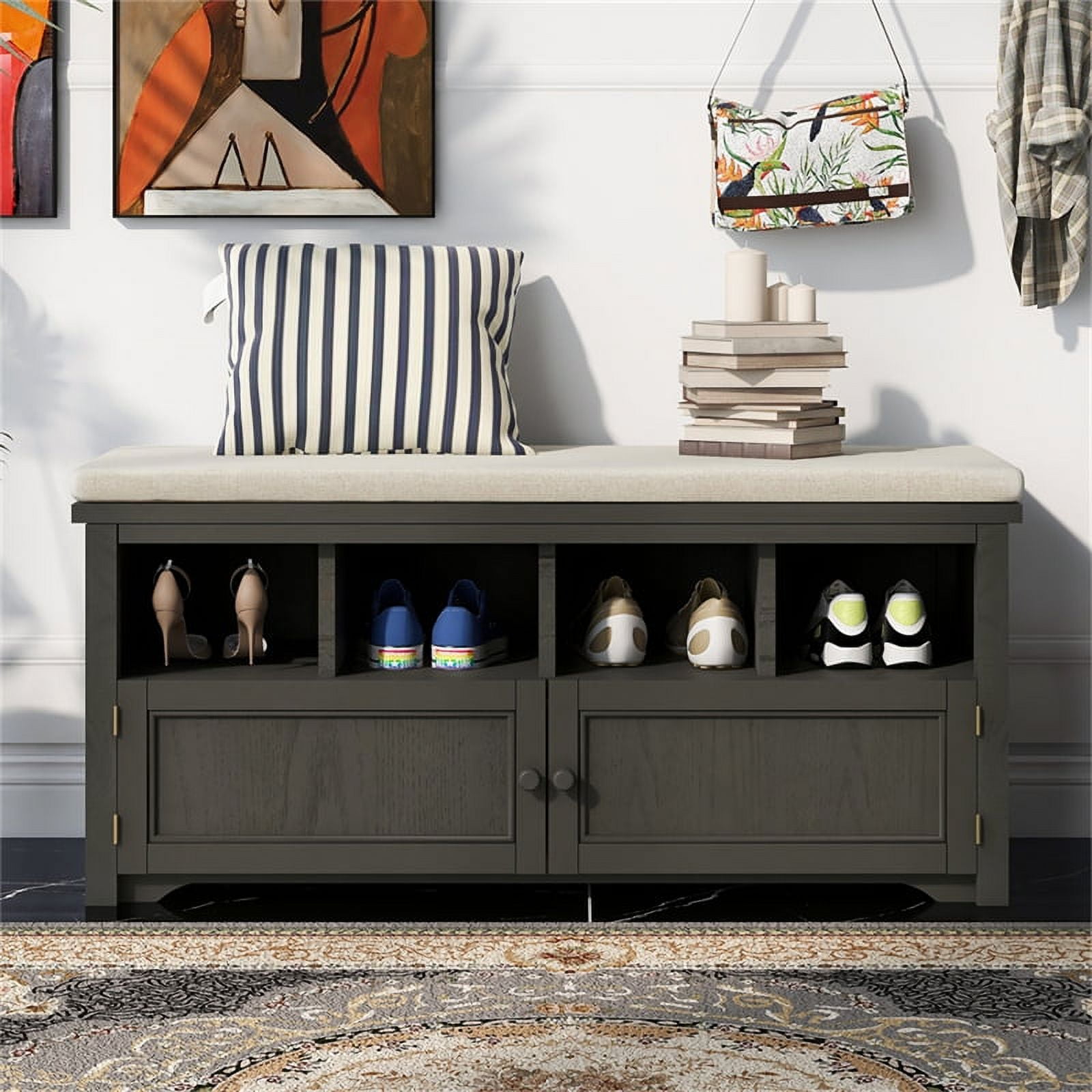 Storage Bench, Rustic Style 2-Door Storage Bench with 4 Small Storage Spaces  and Linen Upholstered Top Cushion, Wood Storage Bench for Entryway, Foyer  or a Mudroom, Dark Gray & Beige 