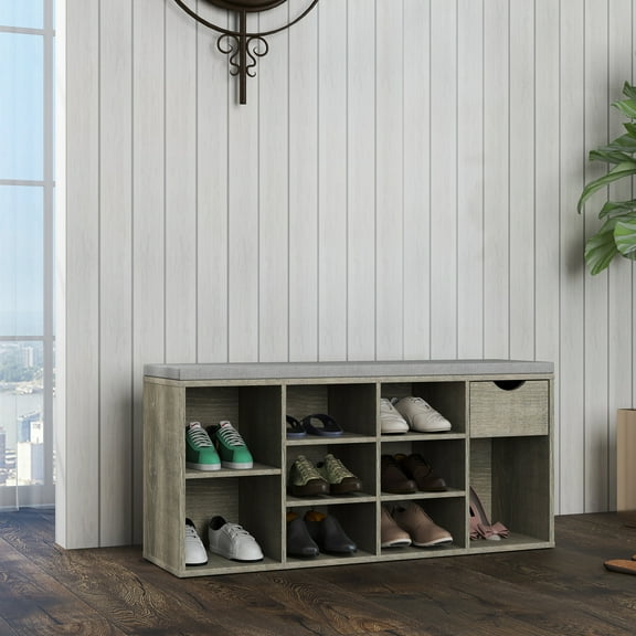 Storage Bench, Shoe Bench, Entryway Bench with Padded Cushion, Drawer and Open Compartments, Bench with Storage, 3 Tier Shoe Rack Bench