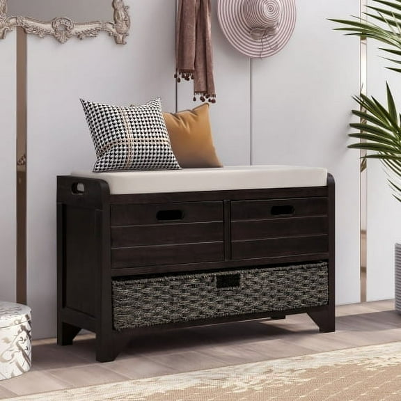 Storage Bench Sofa, Entryway Bench with 2 Drawers, 2 Hollow Handles, Removable Basket & Cushion, Organizer Storage Bench Shoe Bench for Hallway Entryway Living Room, Fully Assembled, Espresso