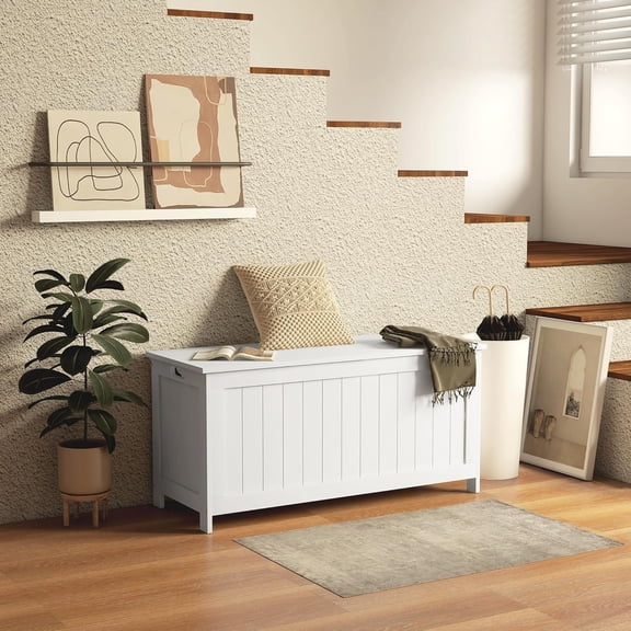 Storage Bench, Storage Chest with 2 Safety Hinges and Cut-Out Handles, Modern Wooden Trunk for Living Room, Entryway, 39.4" x 15.7" x 18.9", White