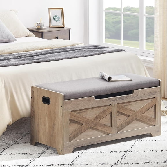 Storage Bench, Storage Chest with Upholstered & 2 Safety Hinges, Storage Ottoman Bench Loads 300 Lb for Entryway Bedroom Living Room, Easy Assembly