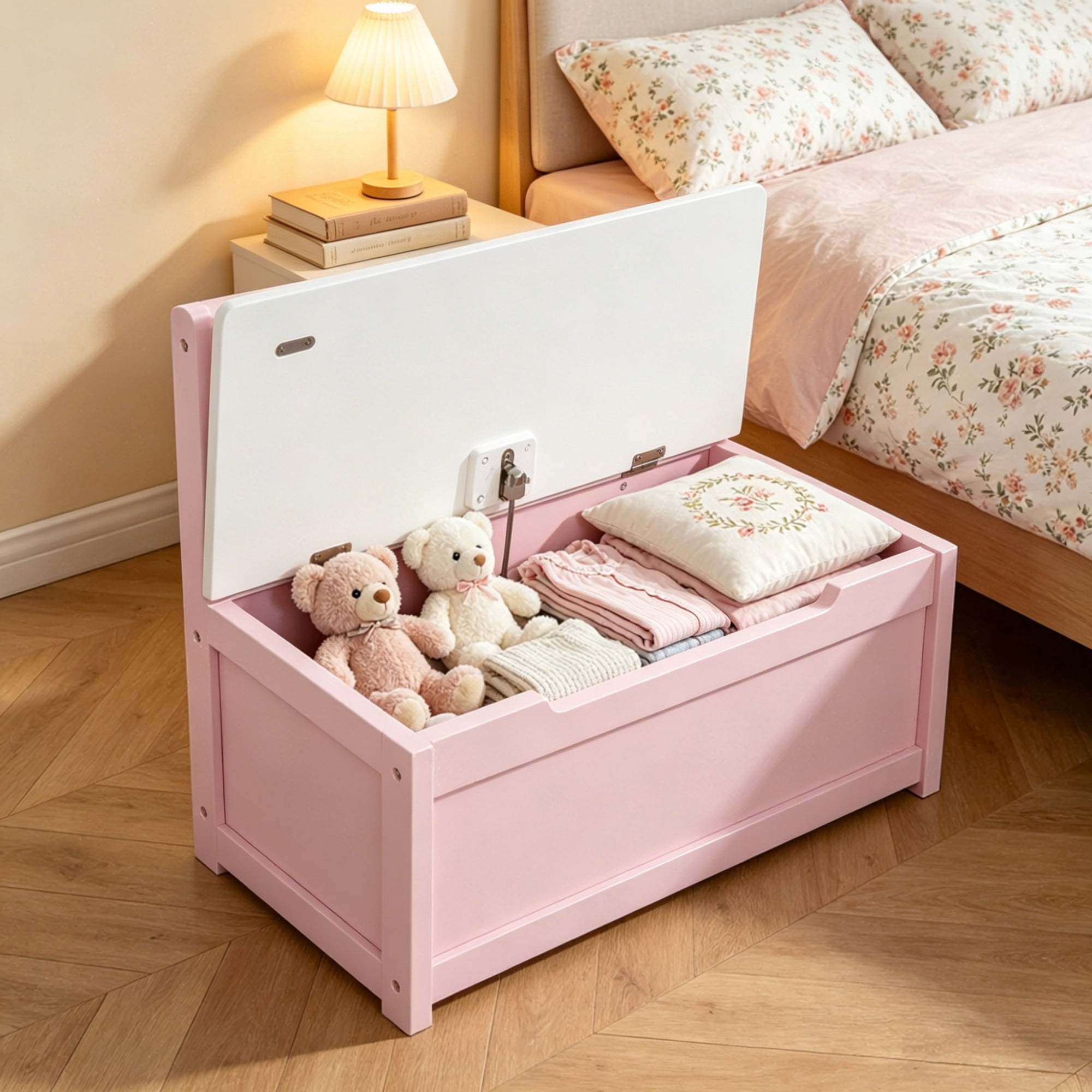 Storage Bench Toy Box Chest with Large 27L Interior Toy Organizer with Top Lid And Backrest for Nursery Playroom Bedroom Furniture 24" x 12" x 20", Pink