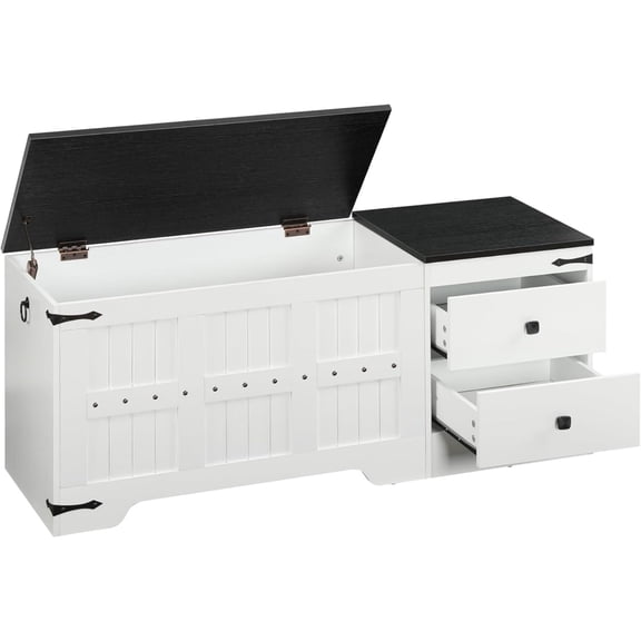 Storage Bench, Toy Box with Dual Drawers and Safe Hinge, Storage Chest with Extra-Long Thick Top, Easy Assembly, for Living Room, Bedroom, White and Black