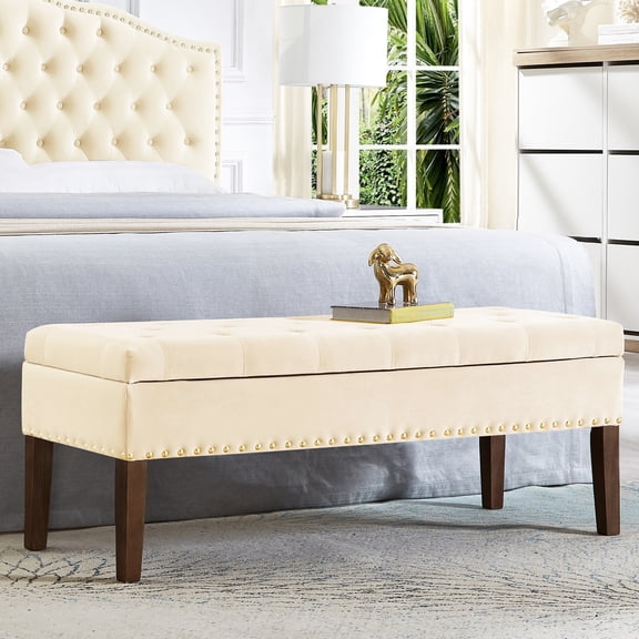 Storage Bench In Velvet - Provides Comfort And Organization Solid Wood Frame 48”l X 18”w 18.5”h Cream, Tone With Tufting Comfortable Functional Wooden Structure