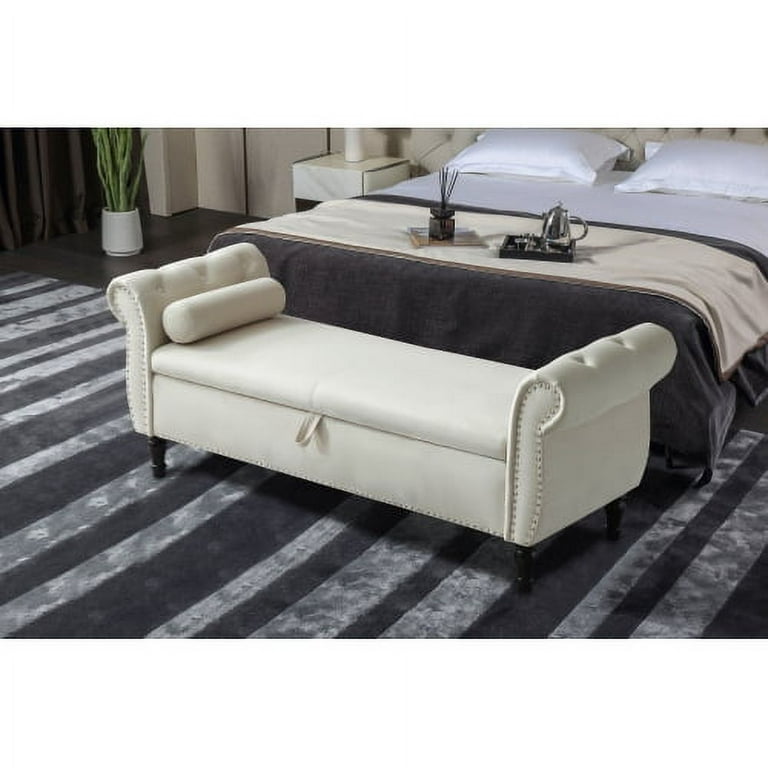Storage Bench Velvet Upholstered End of Bed Bench with One Pillow and Large Storage Space Rectangular Chaise Lounge with Rolled Armrest for Living