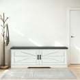 thumbnail image 1 of Storage Bench, White 2-Tier Farmhouse Design with Barn Doors, Padded Seat Cushion, and 2 Adjustable Shelves, 39.4 Inch Shoe Bench for Entryway, Bedroom, Living Room, 1 of 11