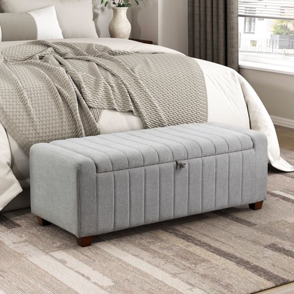 Storage Bench With Gray Boucle Fabric And Plywood Support Contemporary Covering Space