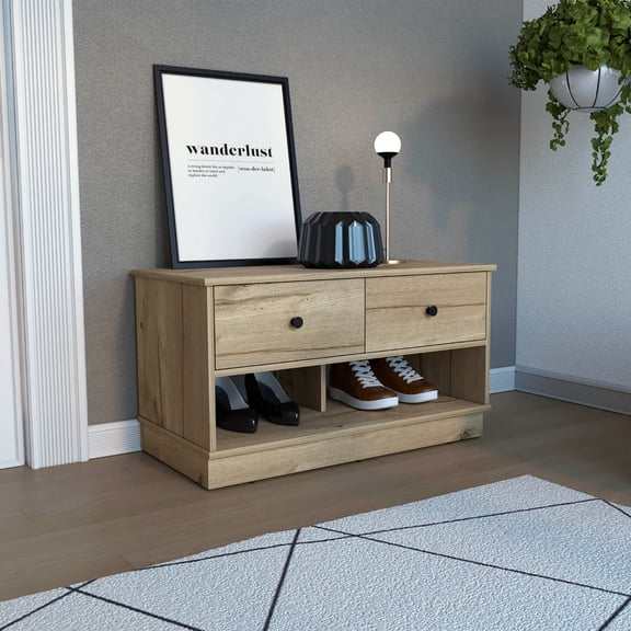 Storage Bench With Two Drawers And Open Space In Oak Cabinet Drawer Slots Area