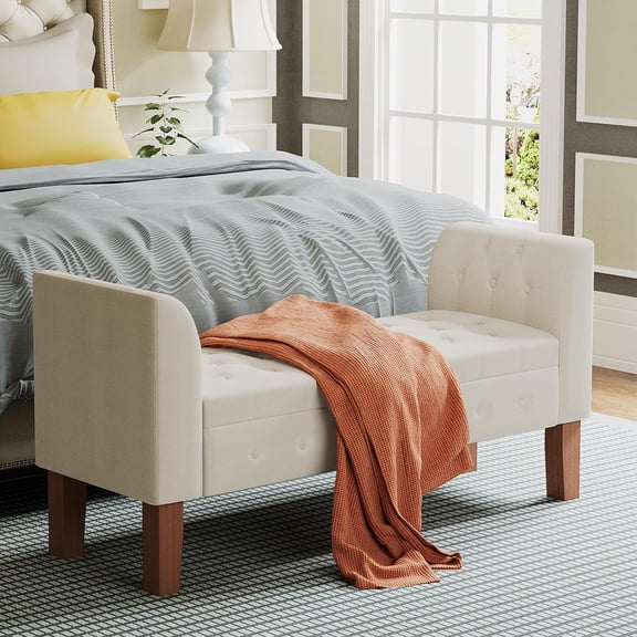Storage Bench for Bedroom End of Bed Button Tufted Upholstered Bench Storage Ottoman Bench with Arms 52" Settee Bench Ivory Linen
