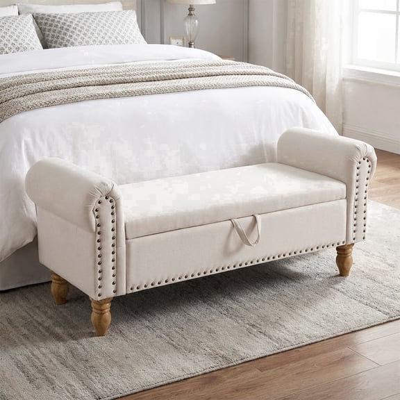 55''W Storage Bench with Rolled Arms, Breathable Linen Fabric Upholstered Bench for Bedroom End of Bed, Beige
