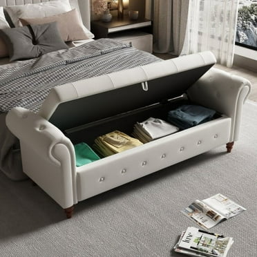 Storage Bench for Bedroom End of Bed Tufted Rolled Armed Linen Fabric Ottoman Couch Long Bench Window Sitting Fireplace Toy Storage Bench,Beige