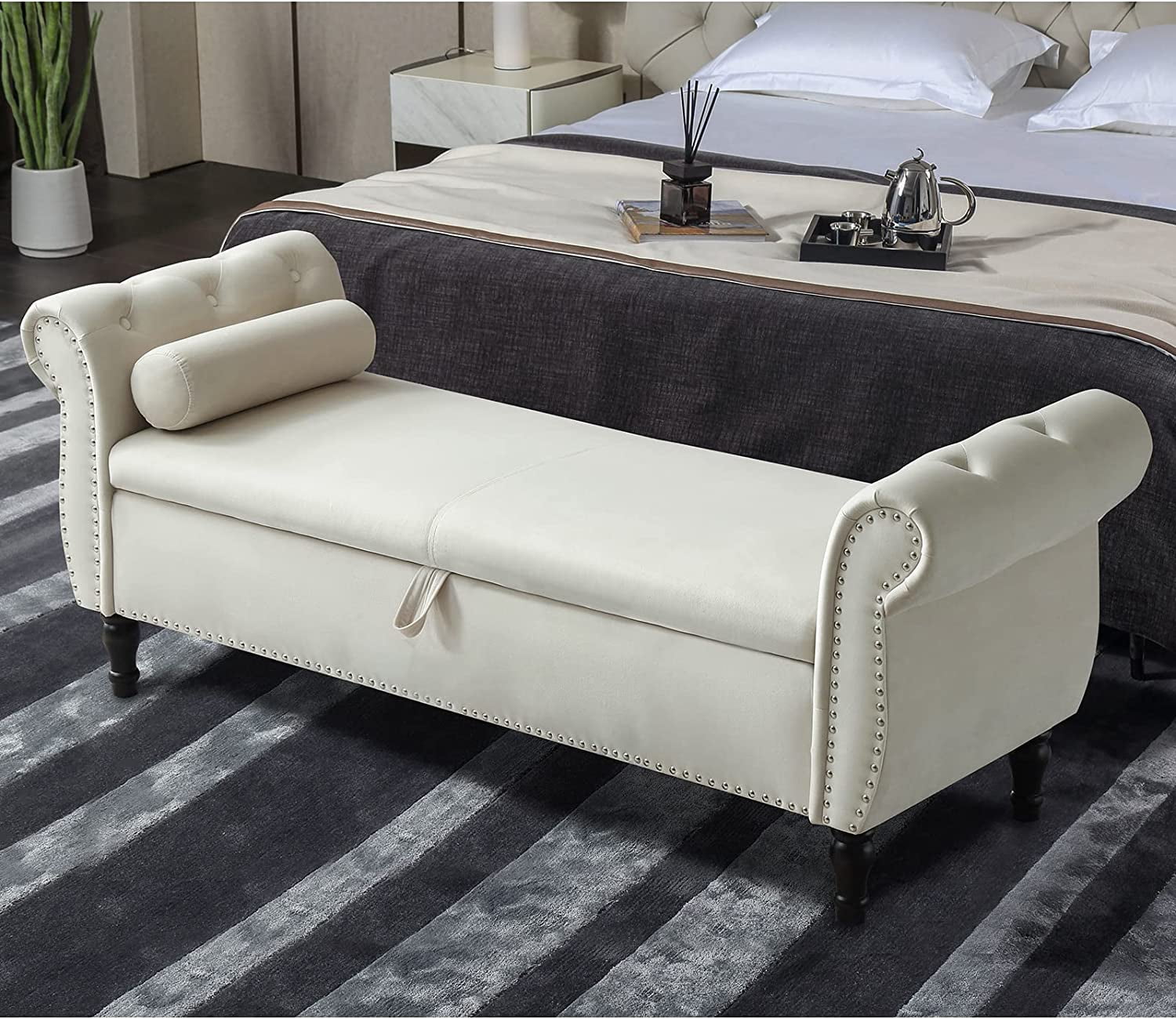 Storage Bench for Bedroom End of Bed Zarler Rolled Armed Velvet Ottoman
