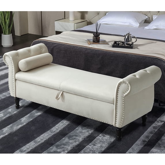Storage Bench for Bedroom End of Bed Zarler Rolled Armed Velvet Ottoman Couch Long Bench Bedroom Bench with Storage, Beige