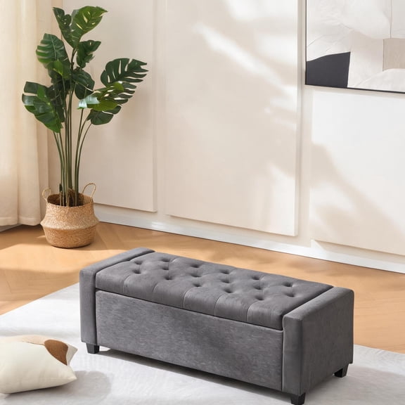 Storage Bench for Bedroom  Slate Gray Fabric, 48-Inch, With Arms, Tufted Upholstery, Hinged Storage