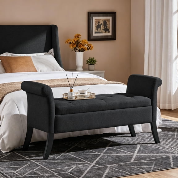 Storage Bench for Entryway, Linen Window Bench with Rolled Arms for Bedroom, Entryway, Window Seat, Black
