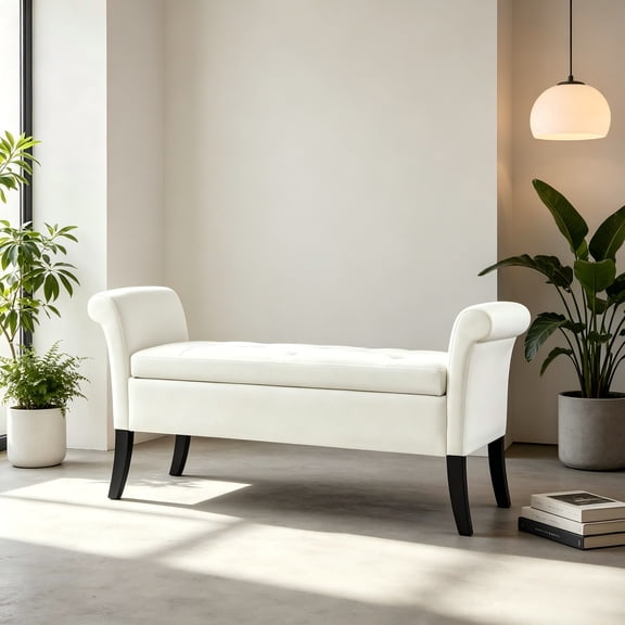 Storage Bench for Entryway, Linen Window Bench with Rolled Arms for Bedroom, Entryway, Window Seat, Fresh White