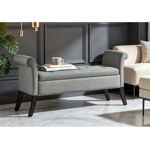Storage Bench for Entryway, Linen Window Bench with Rolled Arms for Bedroom, Entryway, Window Seat, Light Gray