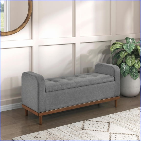 Storage Bench for Living Room | Mid-Century Modern Lift Top | Solid Wood Walnut Frame | Slate Gray Polyester | Gray | Polyester