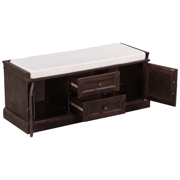 Storage Bench with 2 Drawers and 2 Cabinets, Ottoman with Removable Upholstered Cushion, Shoe Bench for Hallway, 42.5“L x 15.9”W x 17.5”H, Espresso