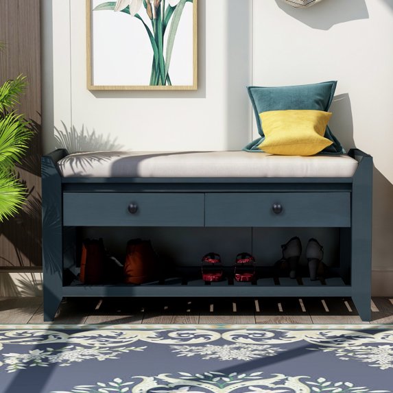 Storage Bench with 2 Drawers and Cushioned Seat, Shoe Bench with Shoe Rack, for Entryway, Hallway and Bedroom, Antique Navy