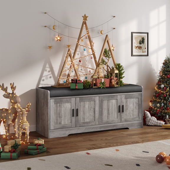 Storage Bench with 2 inch Thick Padded Cushion, 4 Doors, Adjustable Shelf, Shoe Storage, Gray