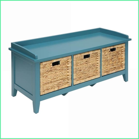 Storage Bench with 3 Rattan Drawers Low-Profile Design | Teal | Wood