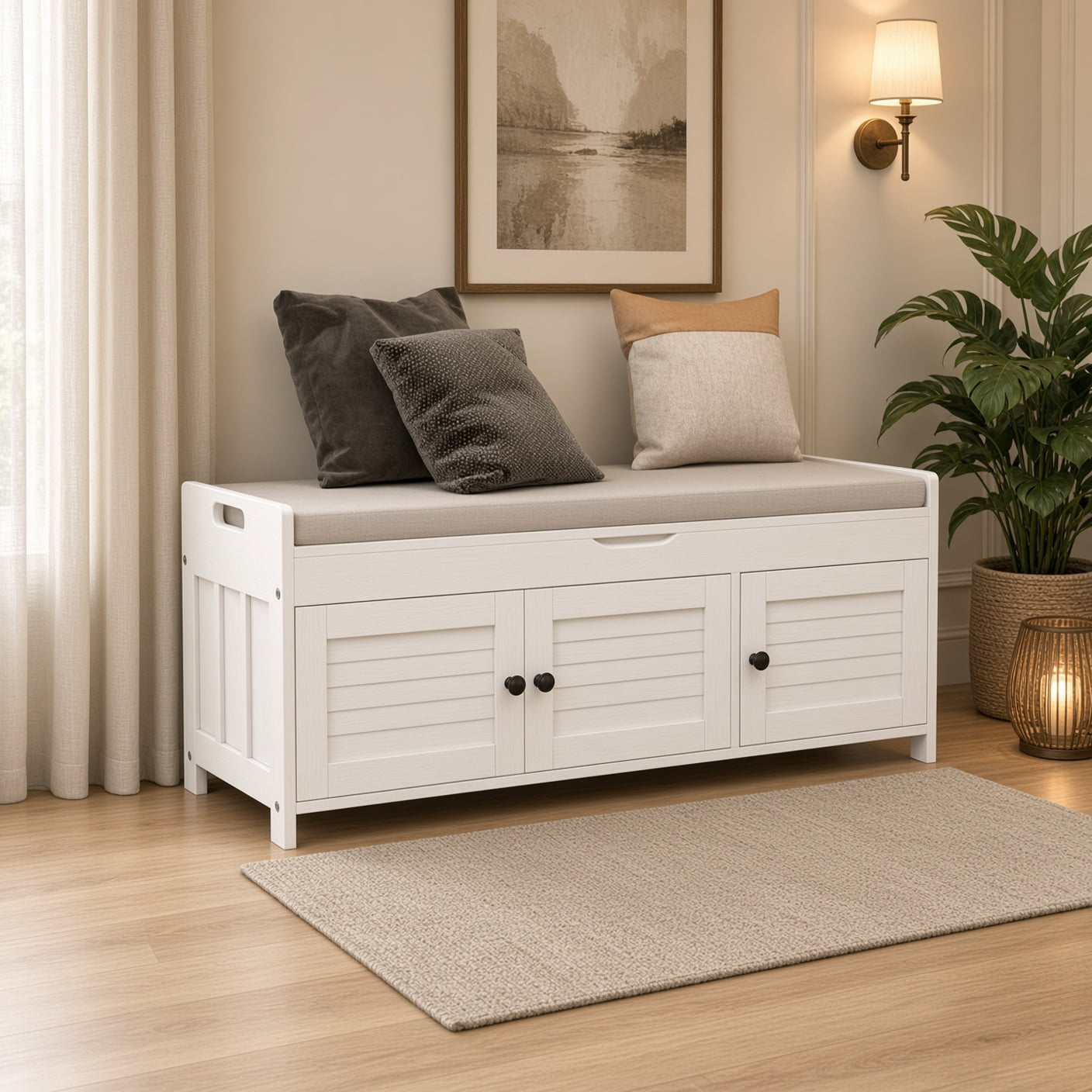 Storage Bench with 3 Shutter Doors, Removable Cushion and Hidden ...
