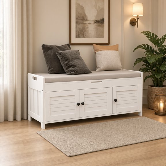 Storage Bench with 3 Shutter Doors, Removable Cushion and Hidden Storage, White