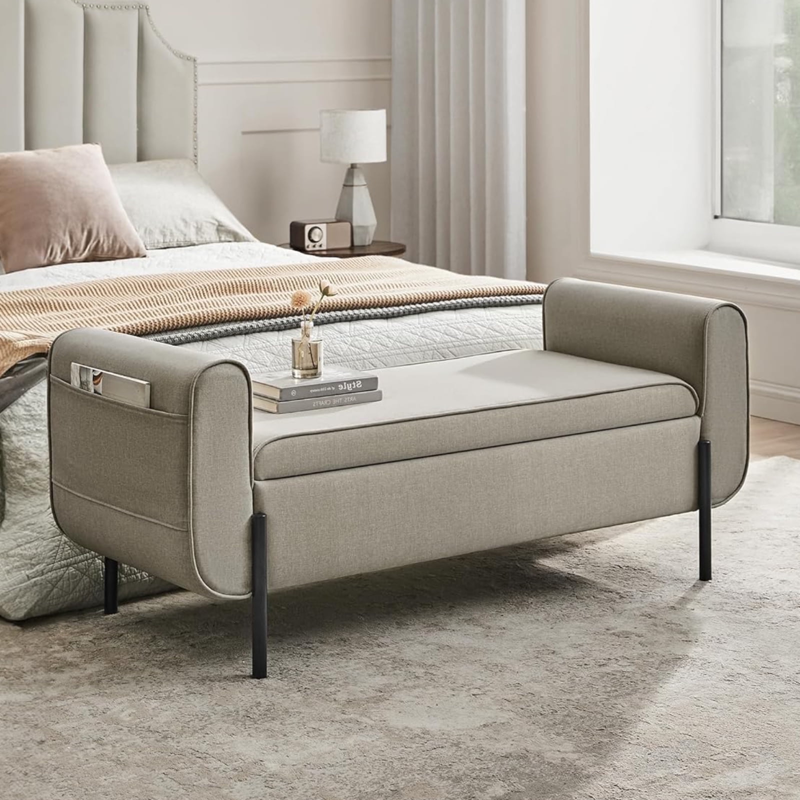 SONGMICS Storage Bench with Armrests Ottoman with Storage Storage Ottoman Bench for Bedroom Living Room Entryway Camel Brown