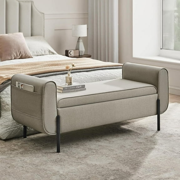 SONGMICS Storage Bench with Armrests Ottoman with Storage Storage Ottoman Bench for Bedroom Living Room Entryway Camel Brown