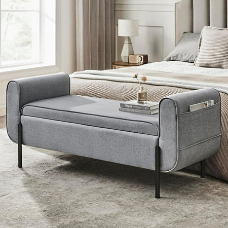 SONGMICS Storage Bench with Armrests Ottoman with Storage Storage Ottoman Bench for Bedroom Living Room Entryway Dove Gray
