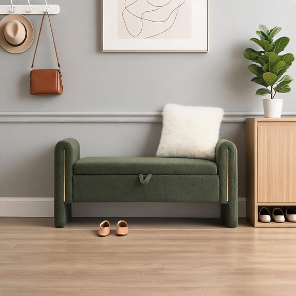 Storage Bench with Arms, Teddy Fabric, Green Finish  52.3 Inch Vanity Stool for Bedroom, Living Room
