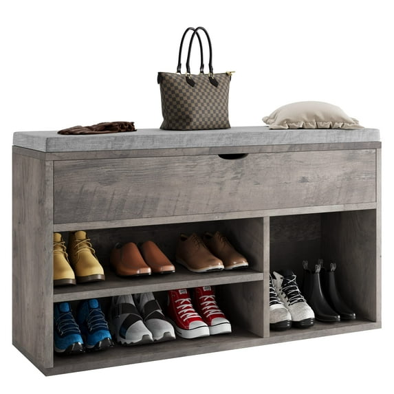 Storage Bench with Comfortable Padded Seat Cushion, Shoe Rack with 2-Tier Cabinet Shelf