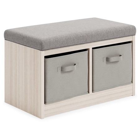 Storage Bench with Cushioned Top and 2 Fabric Baskets Gray - Saltoro Sherpi